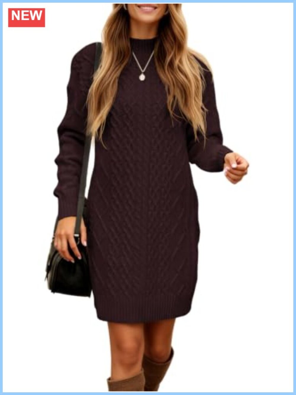 Cable Knit Mini Sweater Dress Mock Neck Long Sleeve Slim Fit